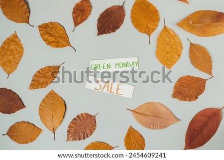 A collection of autumn leaves with the words Green Monday Sale written on them. The leaves are scattered across the image, creating a sense of abundance and the idea of a sale