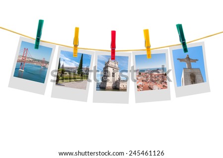 Five photos of Lisbon on clothesline isolated on white background with clipping path