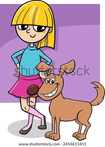 Cartoon illustration of girl with funny funny brown dog character