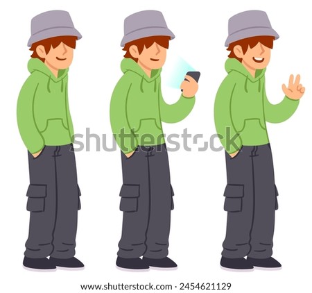 Teenage boy in baggy clothes and bucket hat, different poses set. Youth street fashion. Simple cartoon clip art illustration.