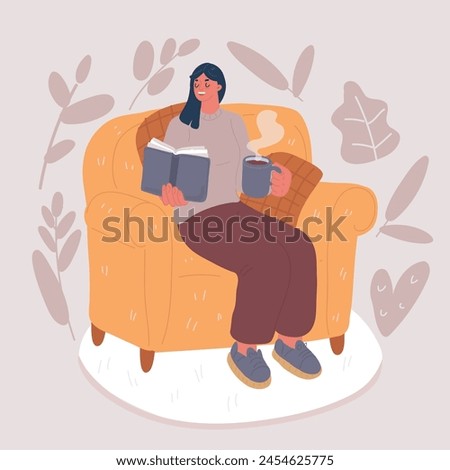 Cartoon vector illustration of Woman reading book vector background. Relaxed girl comfortable sitting on the armchair and read. Cozy modern home interior with cat pet. Concept of homeward and comfort. Royalty-Free Stock Photo #2454625775