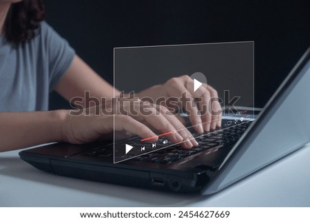 Woman watching a live stream. Live digital stream multimedia player. Online live stream window. Video streaming on internet concept. streaming online, watch video, live concert, show or tutorial.