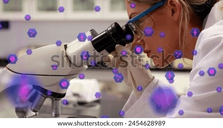 Image of network of connection with interface medical icons over female scientist using microscope. global networking science and research concept digital composite.