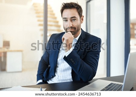 Portrait, laptop and man in office, confidence for project, editor and smile for startup on desk. Public relations, review and proofreading of articles, technology and paperwork on table for job