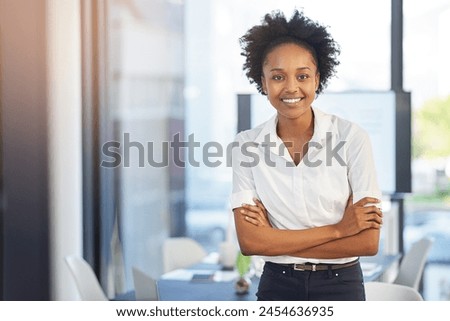 Portrait, confidence and black woman in boardroom, smile and editor for project, corporate and proposal. Public relations, review and proofreading of articles, technology and online for monitor