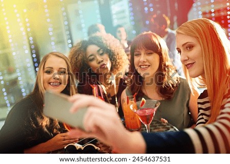Woman, friends and drinks or party selfie, diversity and fun with alcohol or cocktails in club for entertainment. Smartphone, happy and online for social media post, technology and celebration