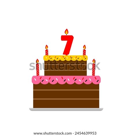 7th birthday cake chocolate and red numeric candle. cartoon style tart happy birthday for kids illustration