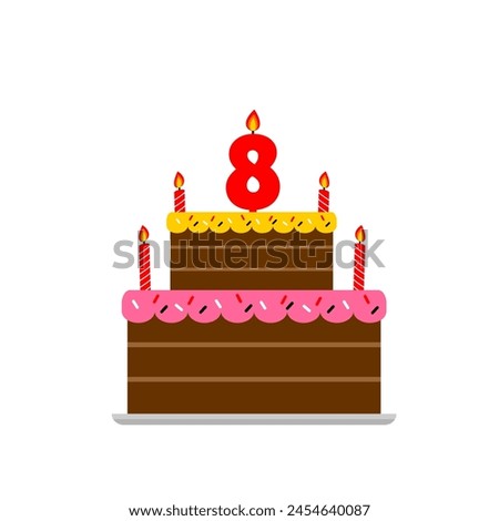 8th birthday cake chocolate and red numeric candle. cartoon style tart happy birthday for kids illustration