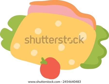 Flat design taco graphic yellow shell, green lettuce, pink topping, red tomato. Cartoon taco illustration perfect menu childrens book, drawing isolated white background, simplistic food illustration Royalty-Free Stock Photo #2454640483