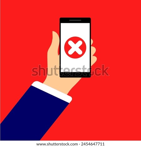 phone and hand illustration with false or incorret icon and red background