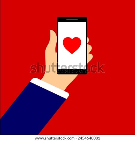 phone and hand illustration with heart icon and red background