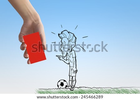 Caricature of football player and human hand showing red card
