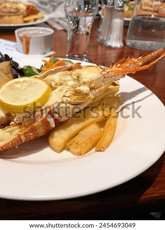 a photography of a plate of food with a lobster and french fries.
