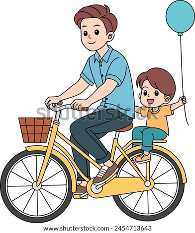 The father takes the child for a ride on the bicycle. Father day vector illustration 