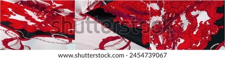 Silk fabric in black, white and red. Heraldic shield with angel wings and ribbons. Canvas print for ancient themed design. A textured background pattern evokes appearance and visual interest.