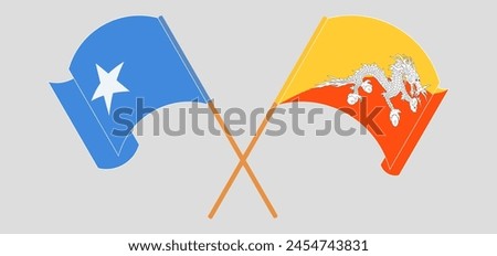 Crossed and waving flags of Somalia and Bhutan. Vector illustration
