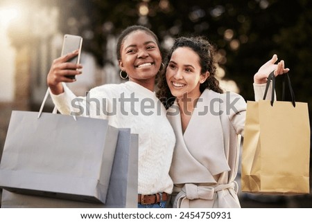 Selfie, smile and women for photography for memory by mall, sale or retail together outdoor by store. Happy people, lens flare and friends with smartphone for online shopping, discount and fashion