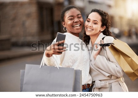 Selfie, friends and paper bag for photography for memory by mall, sale or retail together outdoor by store. Happy people, smile and women or customer for online shopping, discount and fashion