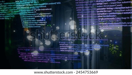 Image of data processing over server room on black background. Technology, computing, connections and digital interface concept digitally generated image.