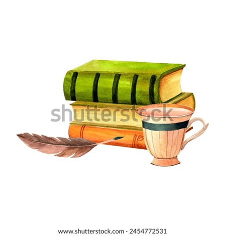 Books, feather pen and teacup composition. Vintage reading clip art. Hand drawn watercolor retro library image for stickers, retro flyers and postcards. scrapbooking.