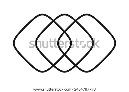 Three hollow overlapping squircles stroke icon. A black outline symbol made from square shapes. Isolated on a white background. Royalty-Free Stock Photo #2454787793
