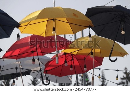 umbrellas suspended walking stick to escape the rain multicolored from the rain from the sun large holiday light bulbs summer trees close-up natural background picture park city events