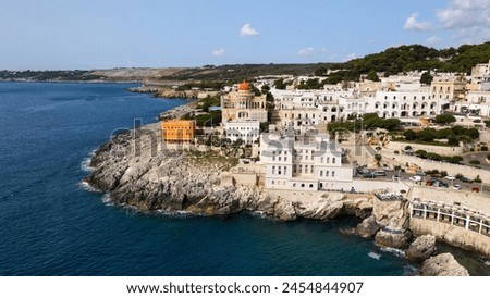 Aerial view of Santa Cesarea Terme, spa town with thermal sea baths in Puglia region. Birds Eye Santa Cesarea Terme, Salento Apulia region, province of Lecce, south Italy, sulphurous pool. Sea baths.