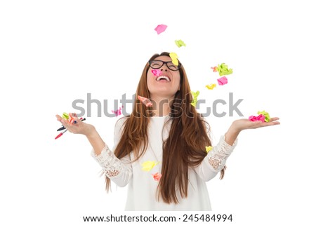 Young student woman with post its falling down against a white background