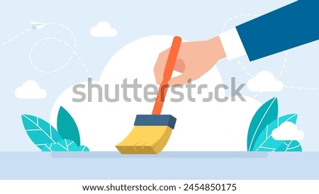 Cleaning broom. Businessman holding broom in his hand. Sweep the floor. Person cleaning dirty surface from dust and dirt. Housework, service concept. Flat vector illustration