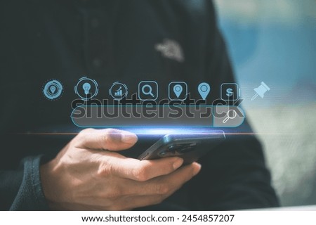 SEO Search Engine Optimization concept. Men use smartphone with tech SEO icons for promoting ranking traffic on websites and optimizing their websites to rank in search engines or SEO