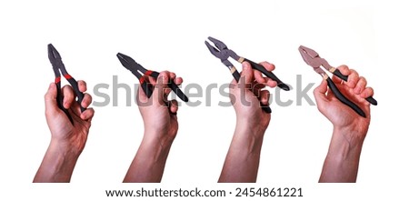 Pliers in the hands of a man on a white background. Labor Day on the first of May. Collage of men's hands with pliers.