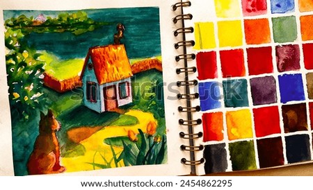 Sketchbook for watercolor. Aquarelle illustration and color swatch in album of painting. Learn to mix colors. Education in arts. Film grain texture. Soft focus. Blur