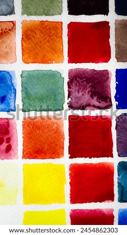 Hand drawn watercolor swatch. Aquarelle color chart. Mixing watercolours in sketchbook. Color scheme. Color theory in painting. Film grain texture. Soft focus. Blur