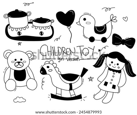 Kindergarten design colorless set vector illustration. Coloring book. Black and white line art girl version 