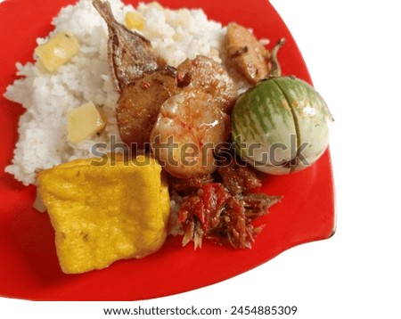 Typical Indonesian dish Nasi liwet close-up.with recipe ingredients isolated on white Background . 
