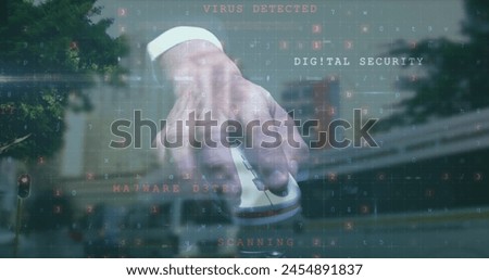 Image of data processing over caucasian hacker. global digital security and identity, digital interface and data processing concept digitally generated image.