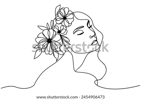 Woman with flowers, one line drawing on white isolated background. art, Vector illustration