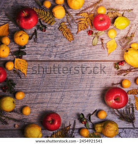 Autumn leaf, apples, fruits composition with picture frame. Copy space