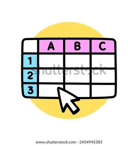 Spreadsheet table doodle icon, simple cartoon drawing. Hand drawn data sheet and cursor. Vector clip art illustration.