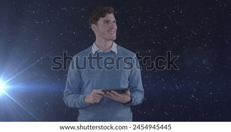 Image of caucasian man over tablet and network of connections. Business and futuristic technology concept.