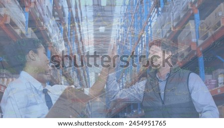 Image of network of connections over men and warehouse. Global shipping delivery and connections concept digitally generated image.