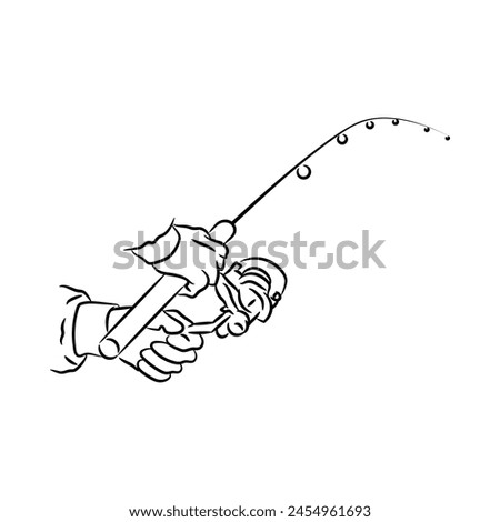 Hands fisherman hold a fishing rod, hand drawn line art drawing vector illustration