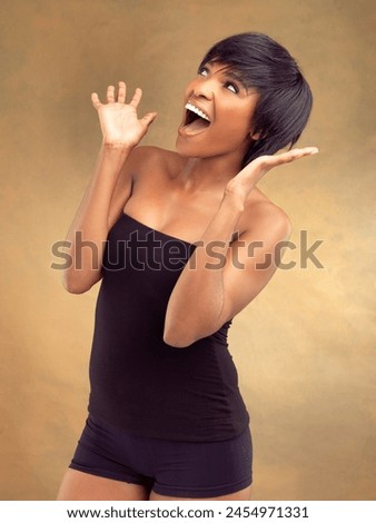 African woman, celebration and looking up in studio for news of winning, competition and hair treatment giveaway. Excited model with wow and scream for announcement or deal and on brown background
