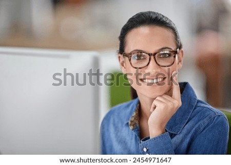 Woman, happy and portrait with computer in office with pride for career at startup media company. Person, writer or editor with pc, smile and creativity for research, story and magazine at agency