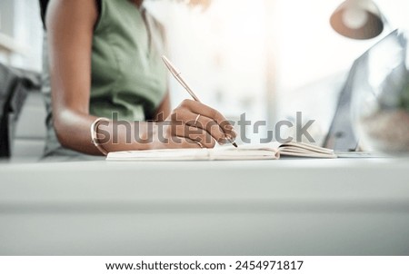 Notepad, writing and businesswoman in office, research and information for report in workplace. Pen, agenda and scheduling for calendar events, female person and brainstorming or planning for project Royalty-Free Stock Photo #2454971817