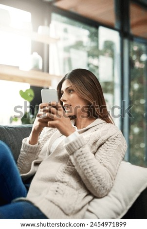 Thinking, woman and phone to relax on sofa in house with decision for conversation response or announcement by post. Doubt, female person and living room with mobile on internet for memory on website