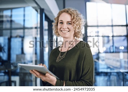 Business, tablet and portrait of happy woman in office building for planning, agenda or schedule, crm or faq management. Digital, checklist and manager online for client, consulting or b2b networking Royalty-Free Stock Photo #2454972035