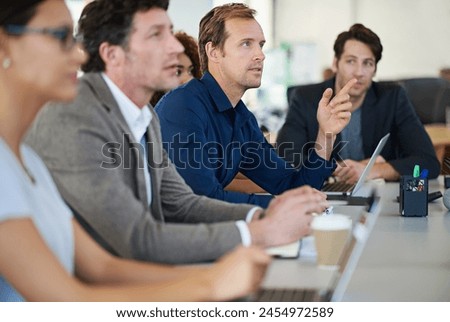 Businesspeople, colleagues and seminar for conference or meeting in boardroom with tech. Corporate, group and coworkers in office for teamwork, collaboration and planning in workplace for workshop Royalty-Free Stock Photo #2454972589