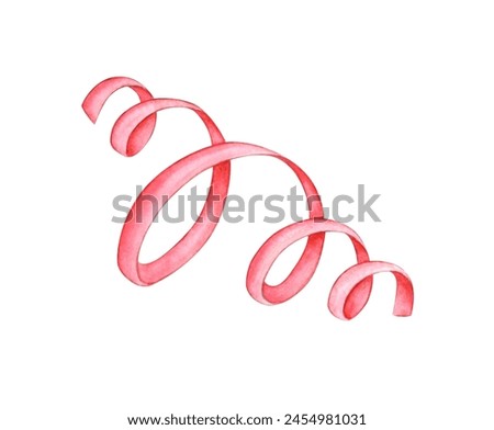Pink ribbon twisting watercolor illustration, twisted, confetti, fireworks, birthday. Isolated from the background. For designing invitations, cards, banners, flyers, advertising.