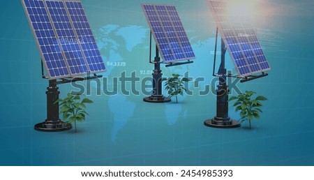 Image of solar panels over world map and numbers. Finance, economy, green energy, eco power and technology concept digitally generated image.